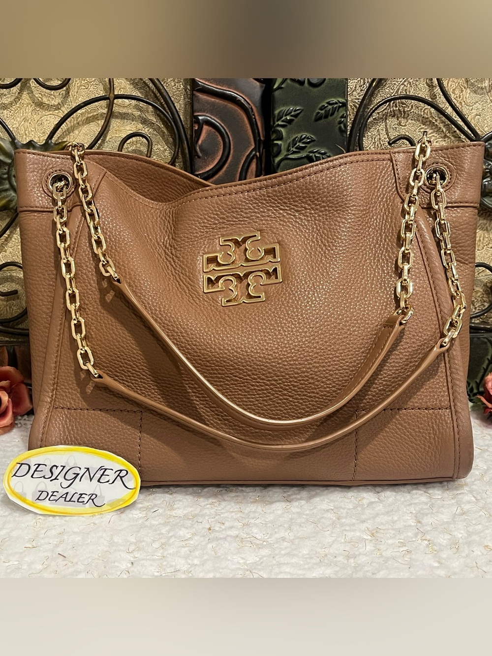 TORY BURCH Britten Small Chain Tote Brown VGC! - Picture 3 of 12
